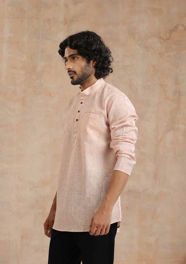 Poly Cotton Solid Men's Short Kurta - Pink