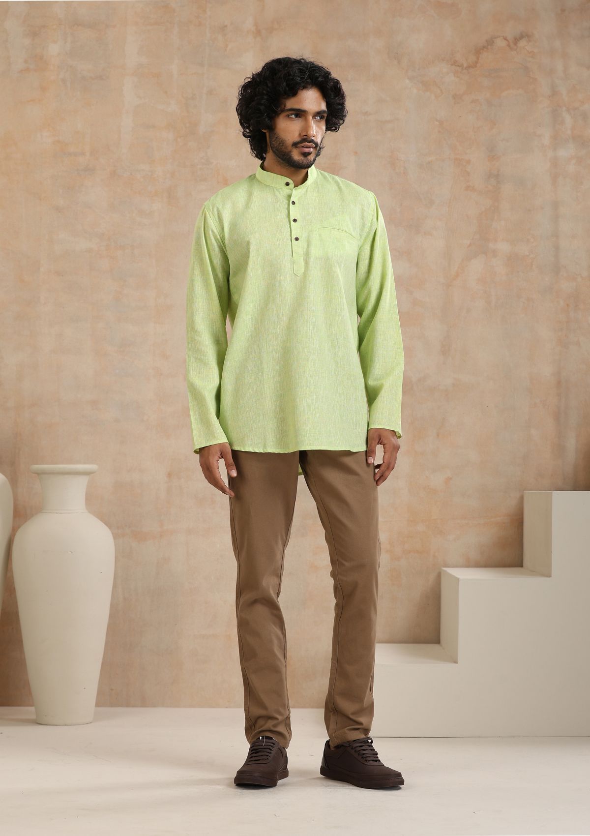 Poly Cotton Solid Men's Short Kurta - Green