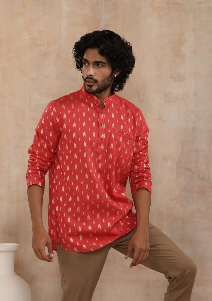 Cotton Jacquard Solid Men's Short Kurta - Pink