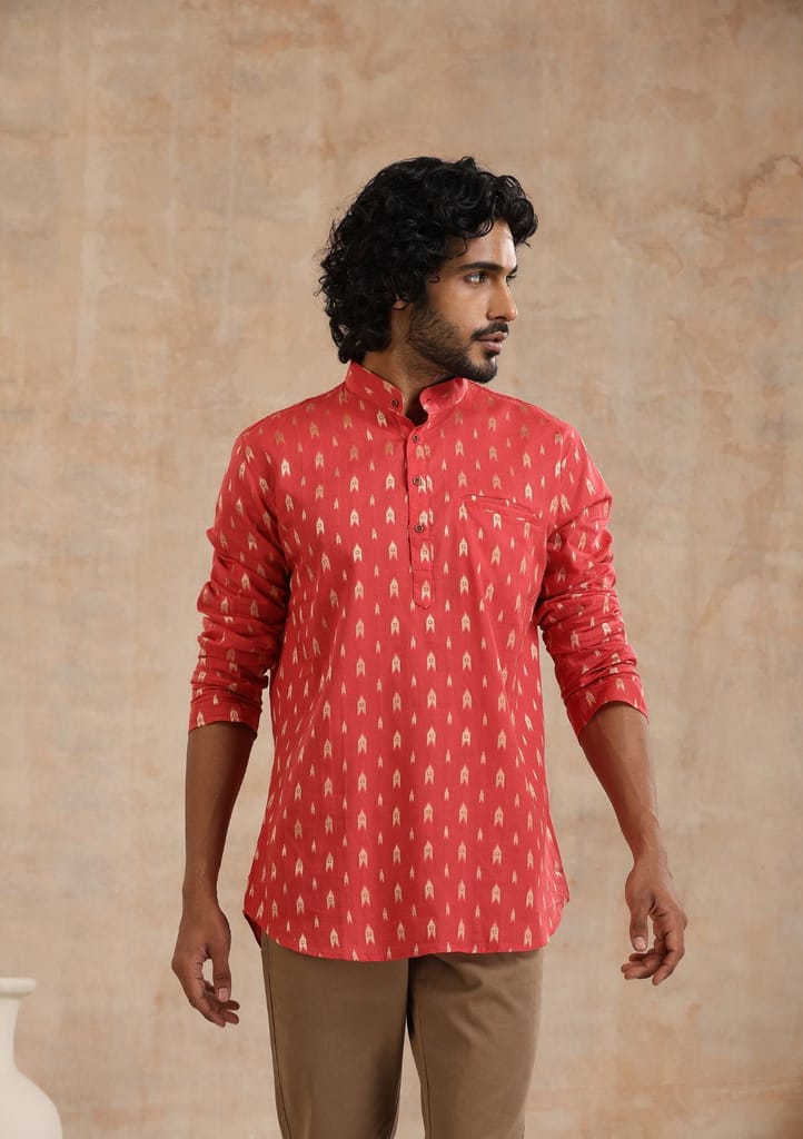 Cotton Jacquard Solid Men's Short Kurta - Pink