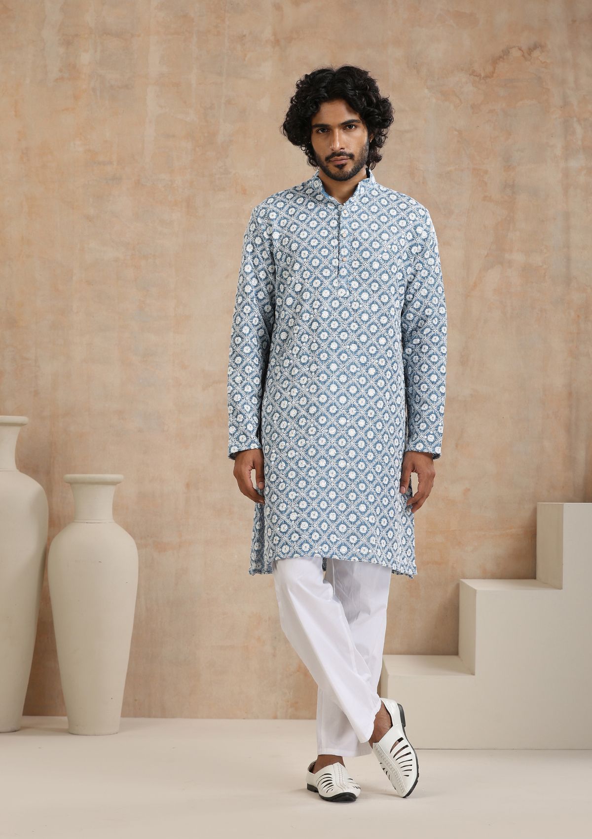 Cotton Blended Schiffli with Sequins Solid Men's Long Kurta - Blue