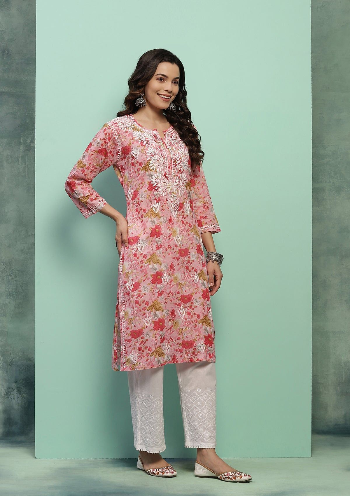 Cotton Chikankari Printed Women's Long Kurta - Pink