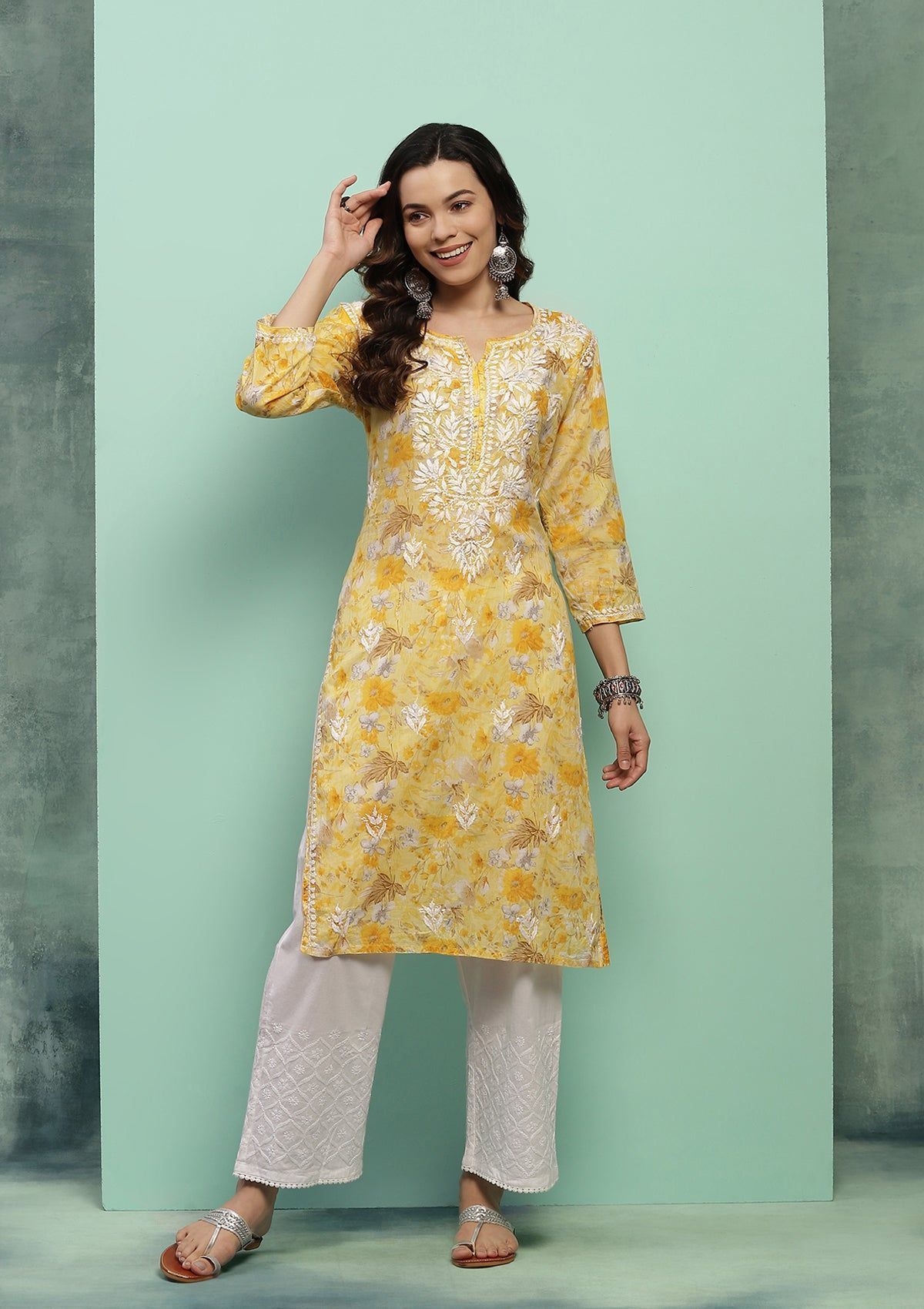 Cotton Chikankari Printed Women's Long Kurta - Yellow