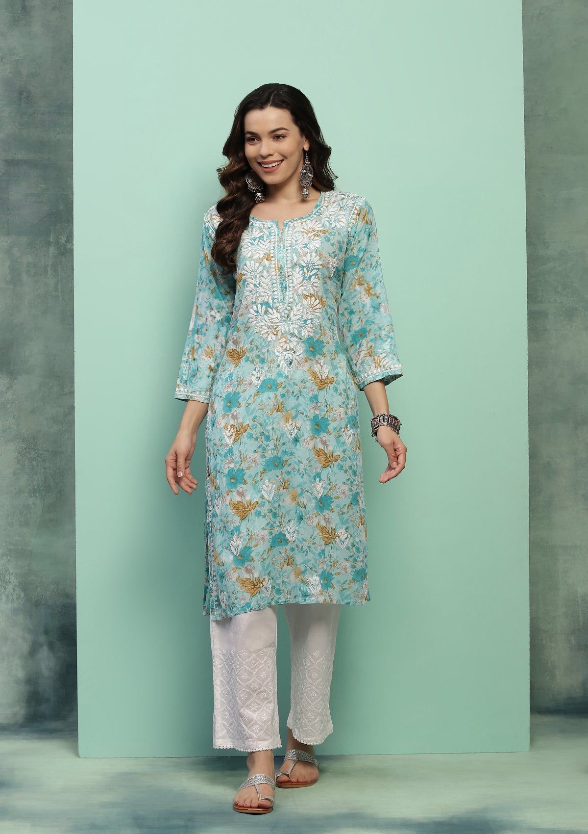 Cotton Chikankari Printed Women's Long Kurta - Blue