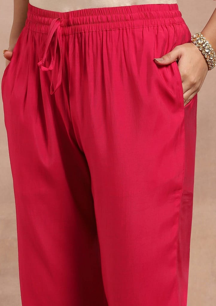 Chanderi Kamdaani Embroidered Solid Women's 4 PC Long Kurta Set - Pink