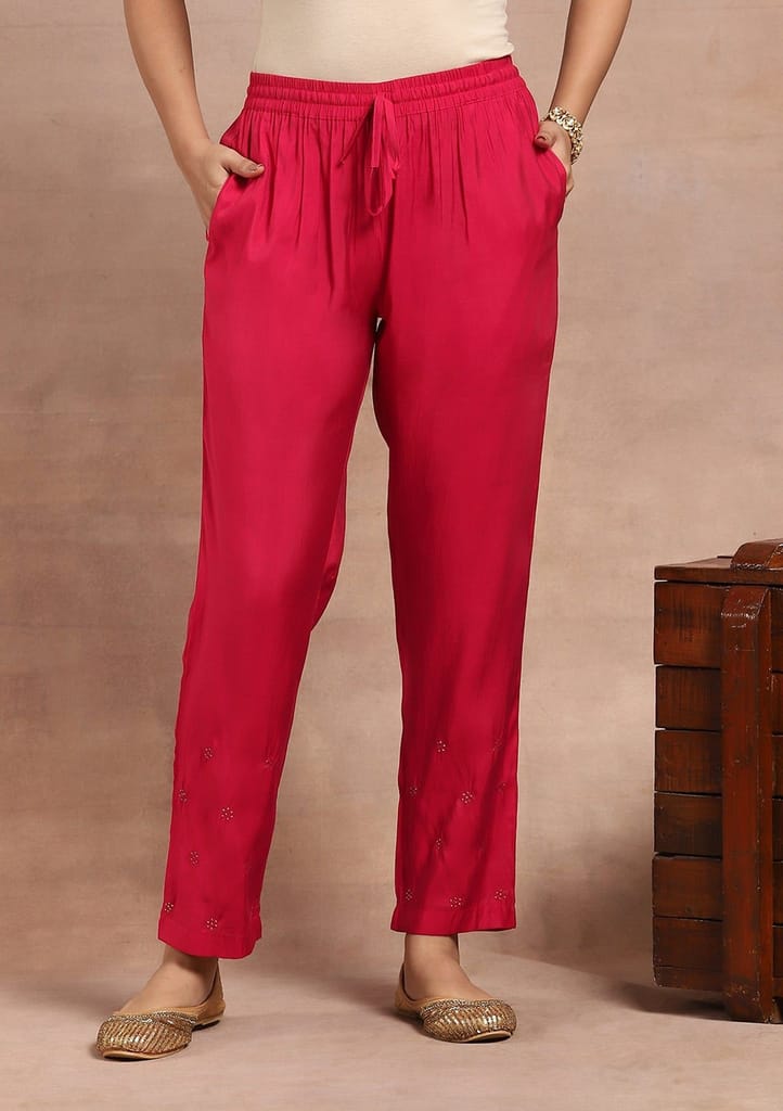 Chanderi Kamdaani Embroidered Solid Women's 4 PC Long Kurta Set - Pink