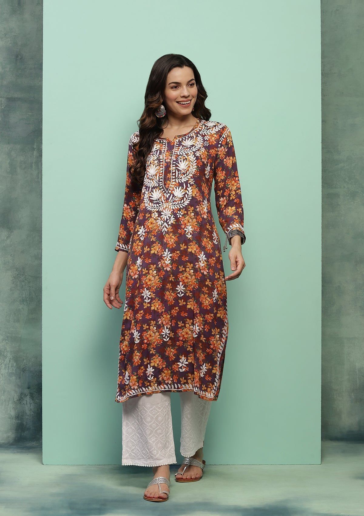 Rayon Chikankari Printed Women's Long Kurta - Purple