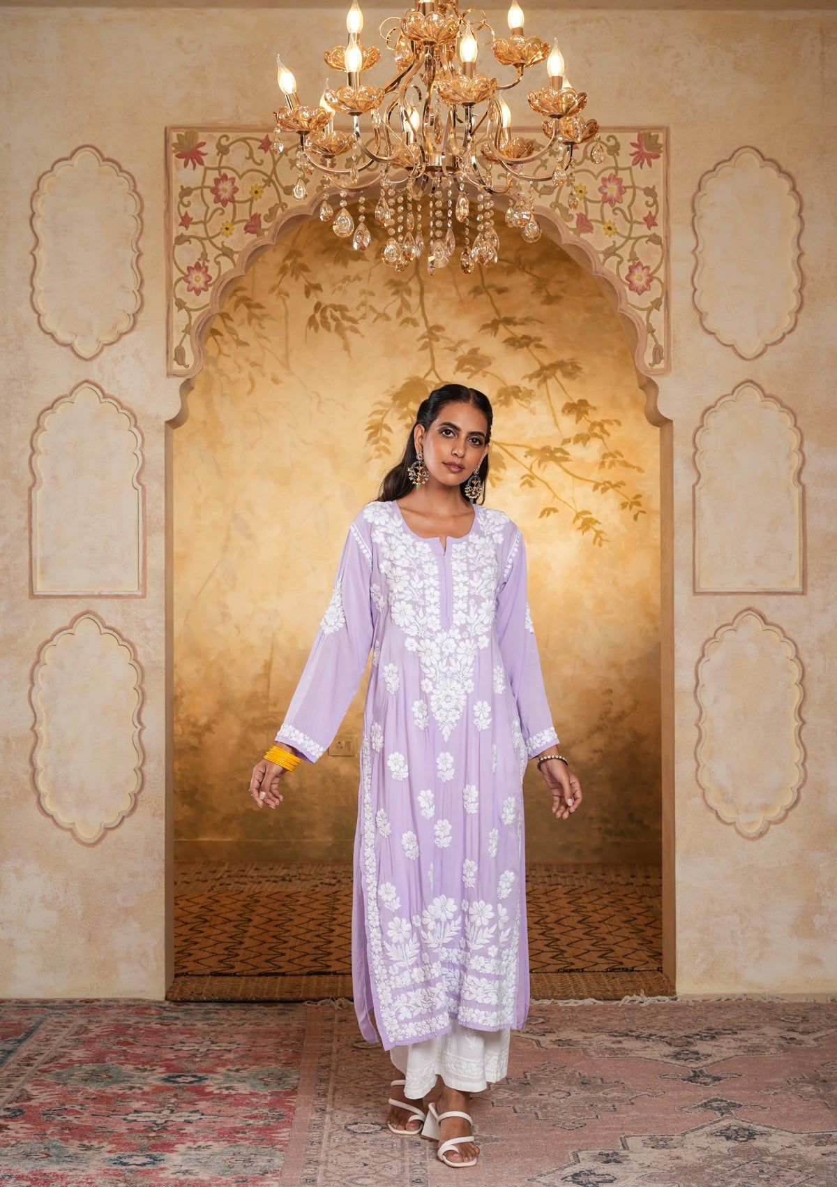 Modal Chikankari Solid Women's Long Kurta - Lavender