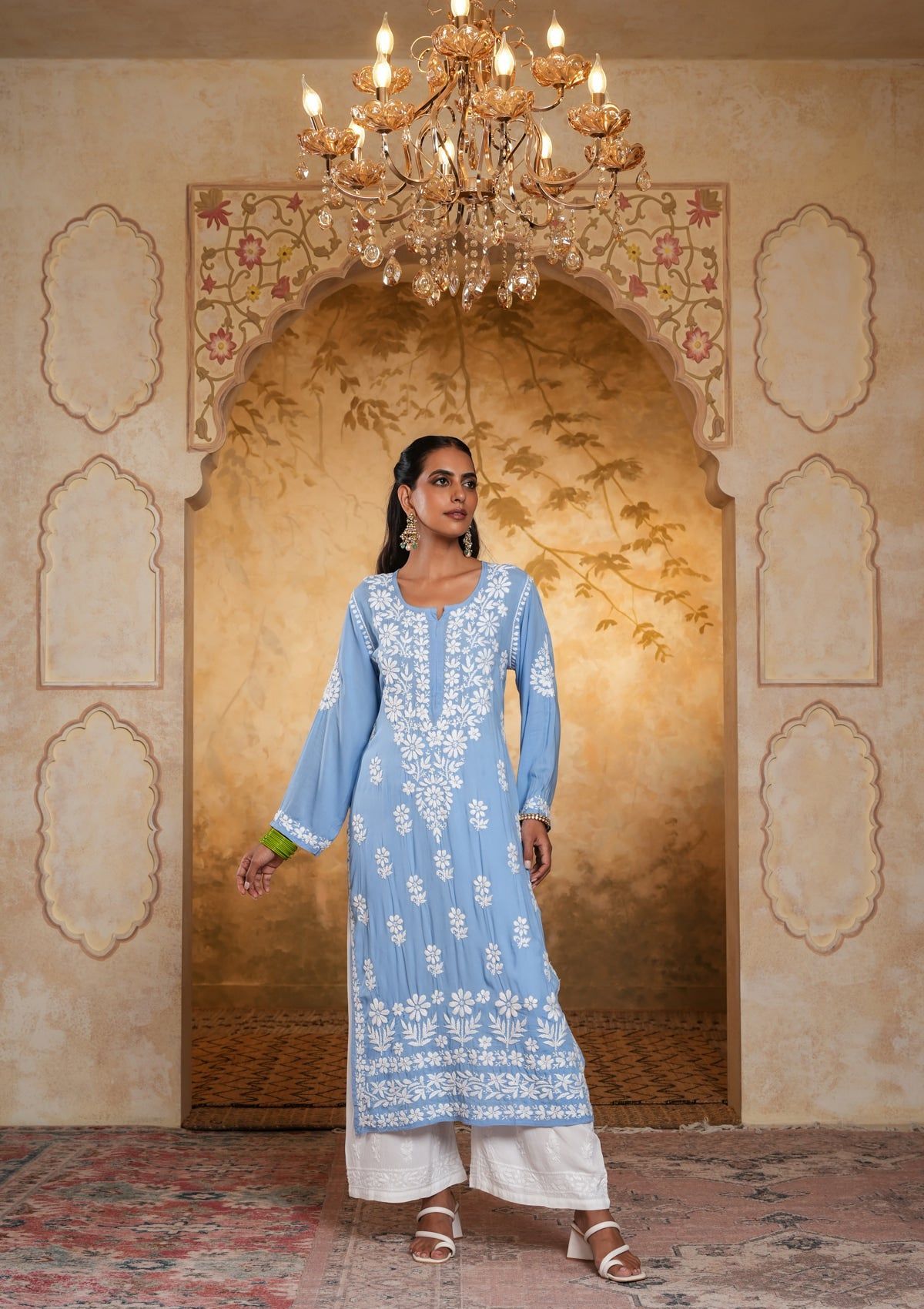 Modal Chikankari Solid Women's Long Kurta - Blue