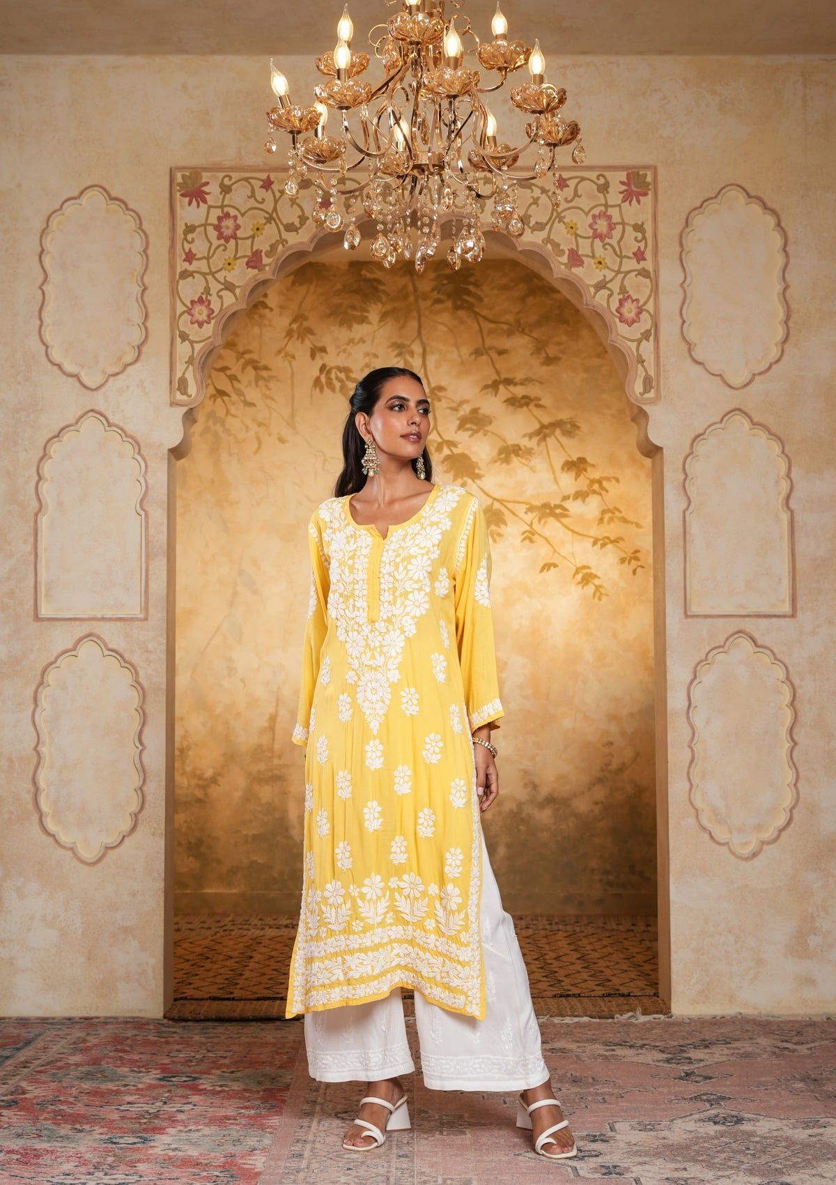 Modal Chikankari Solid Women's Long Kurta - Yellow