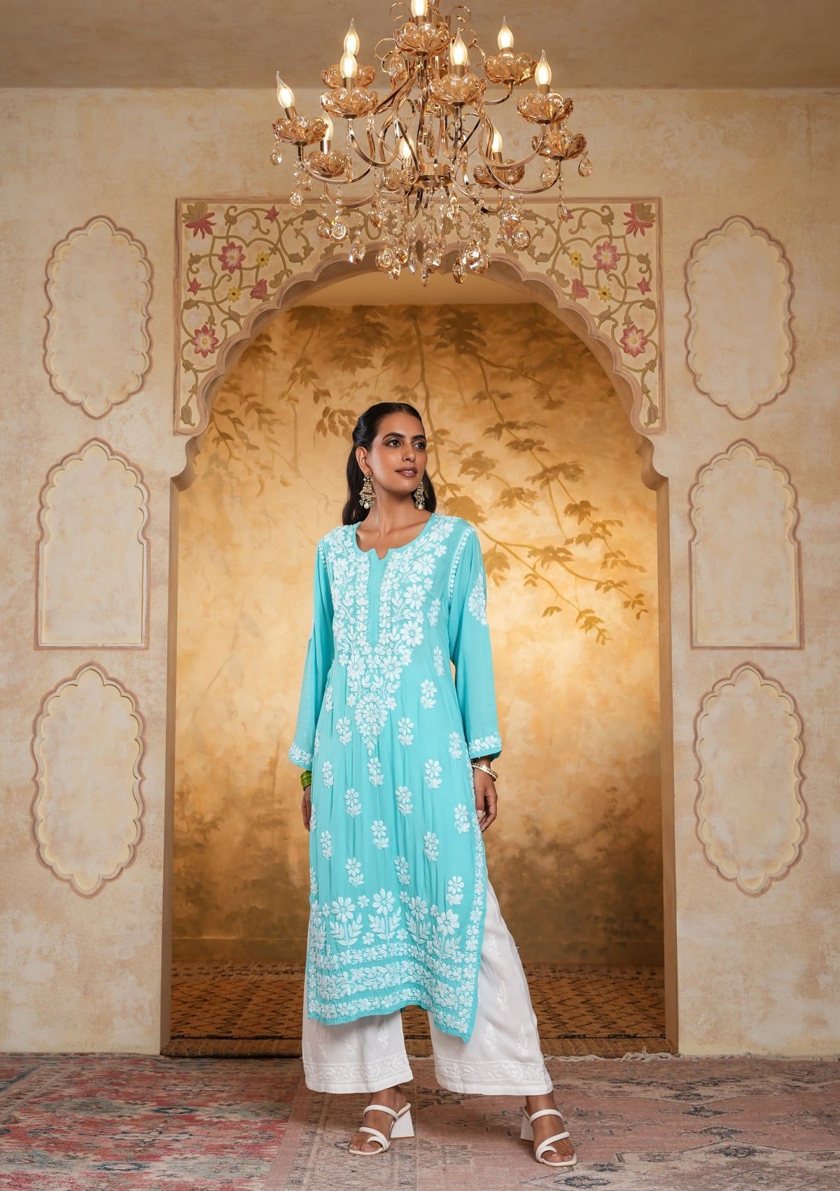 Modal Chikankari Solid Women's Long Kurta - Turquoise
