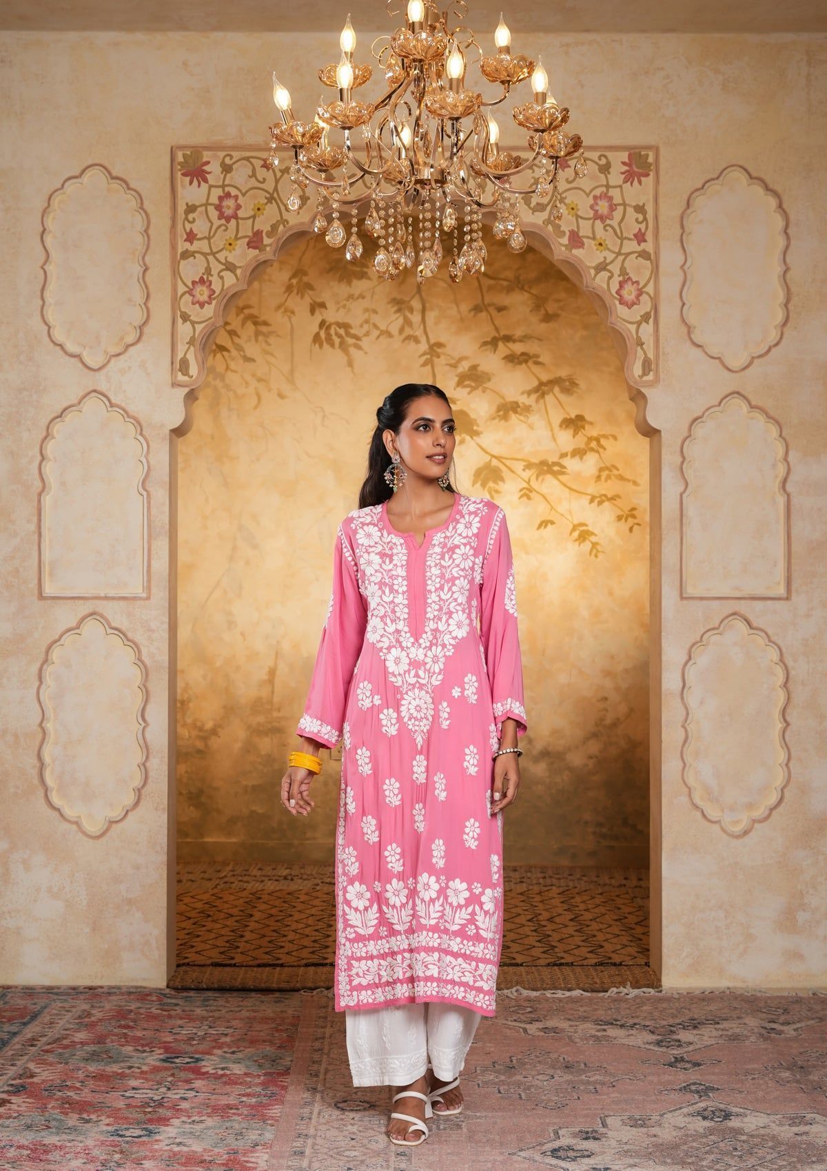Modal Chikankari Solid Women's Long Kurta - Dark Pink