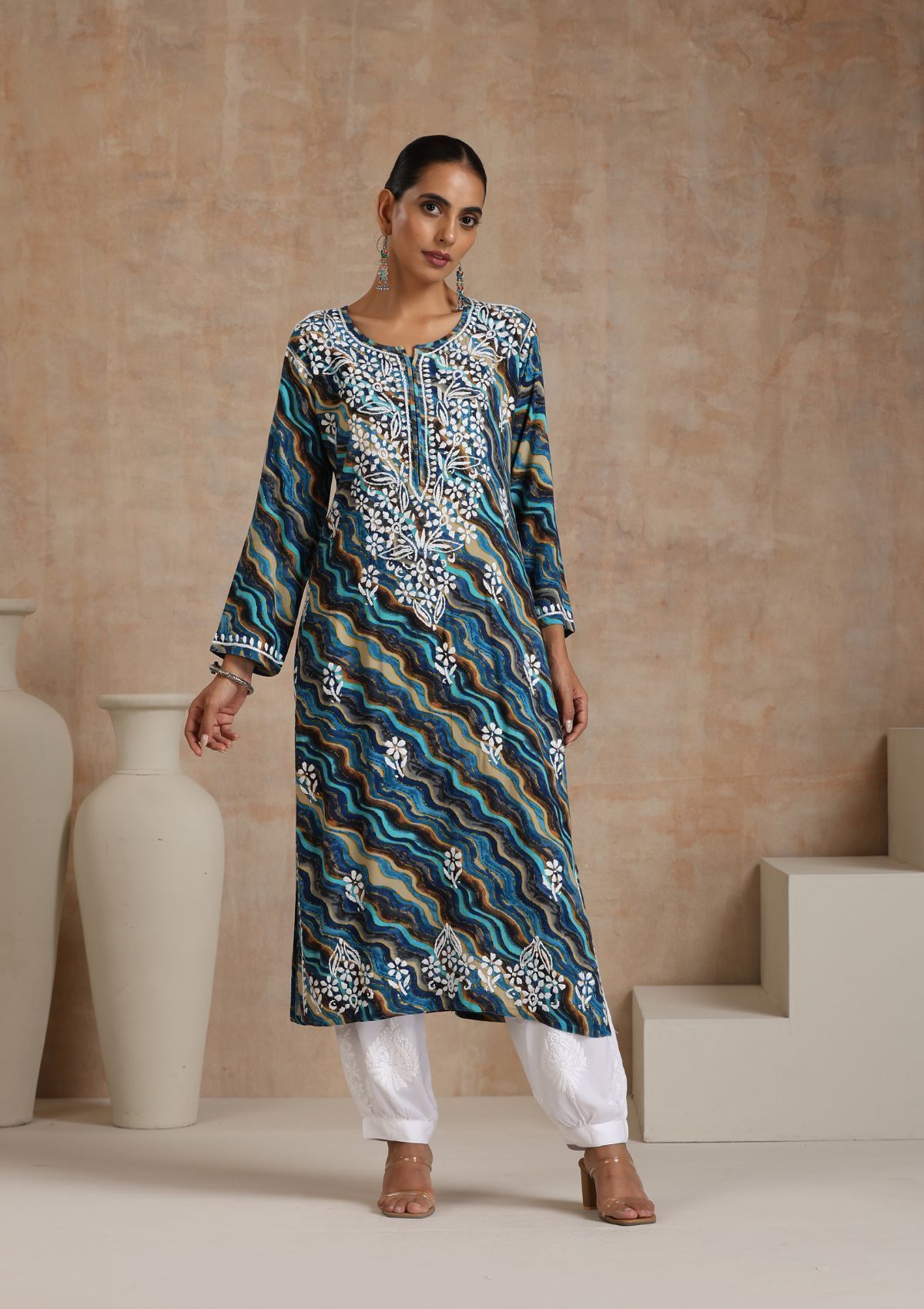 Rayon Chikankari Printed Women's Long Kurta - Blue