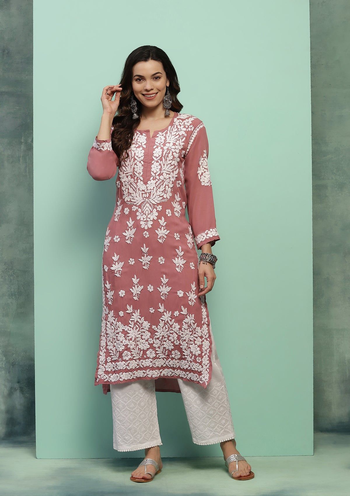 Modal Chikankari Solid Women's Long Kurta - Dark Pink