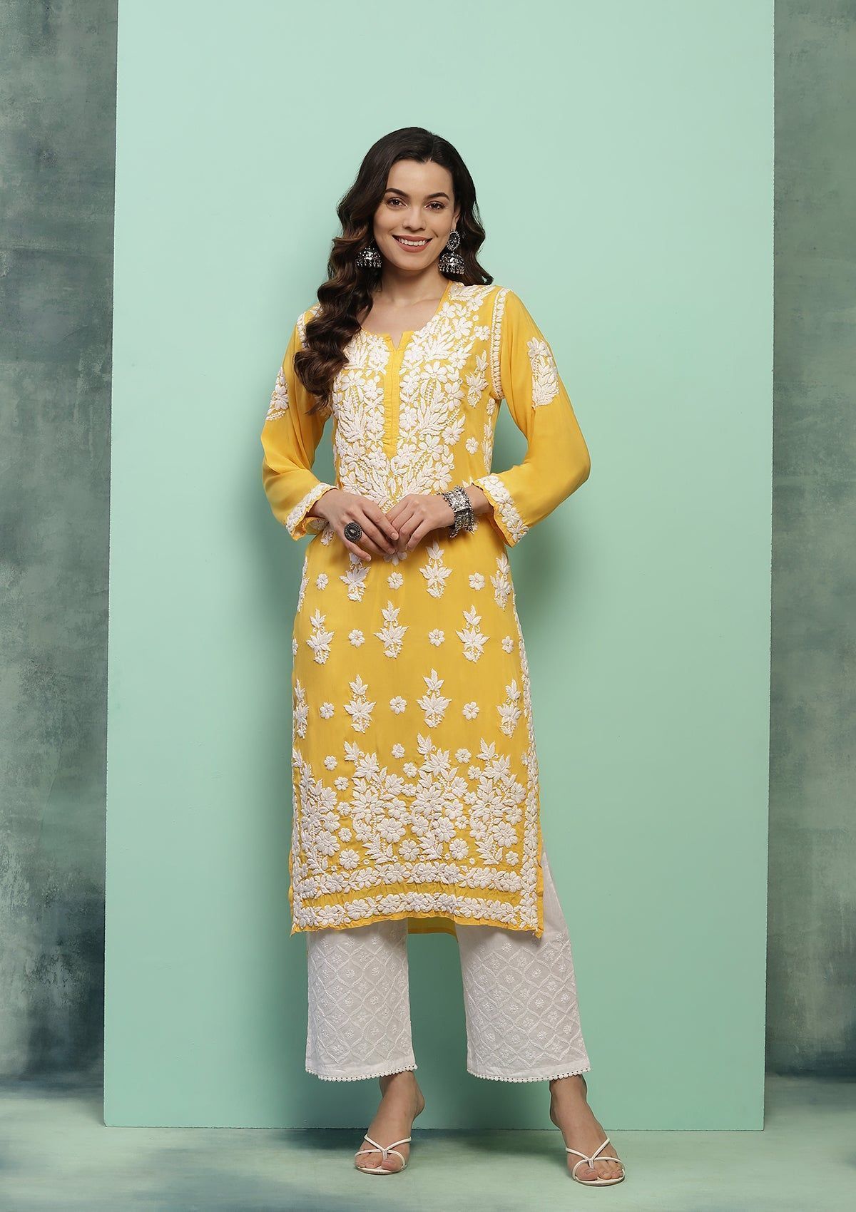 Modal Chikankari Solid Women's Long Kurta - Yellow