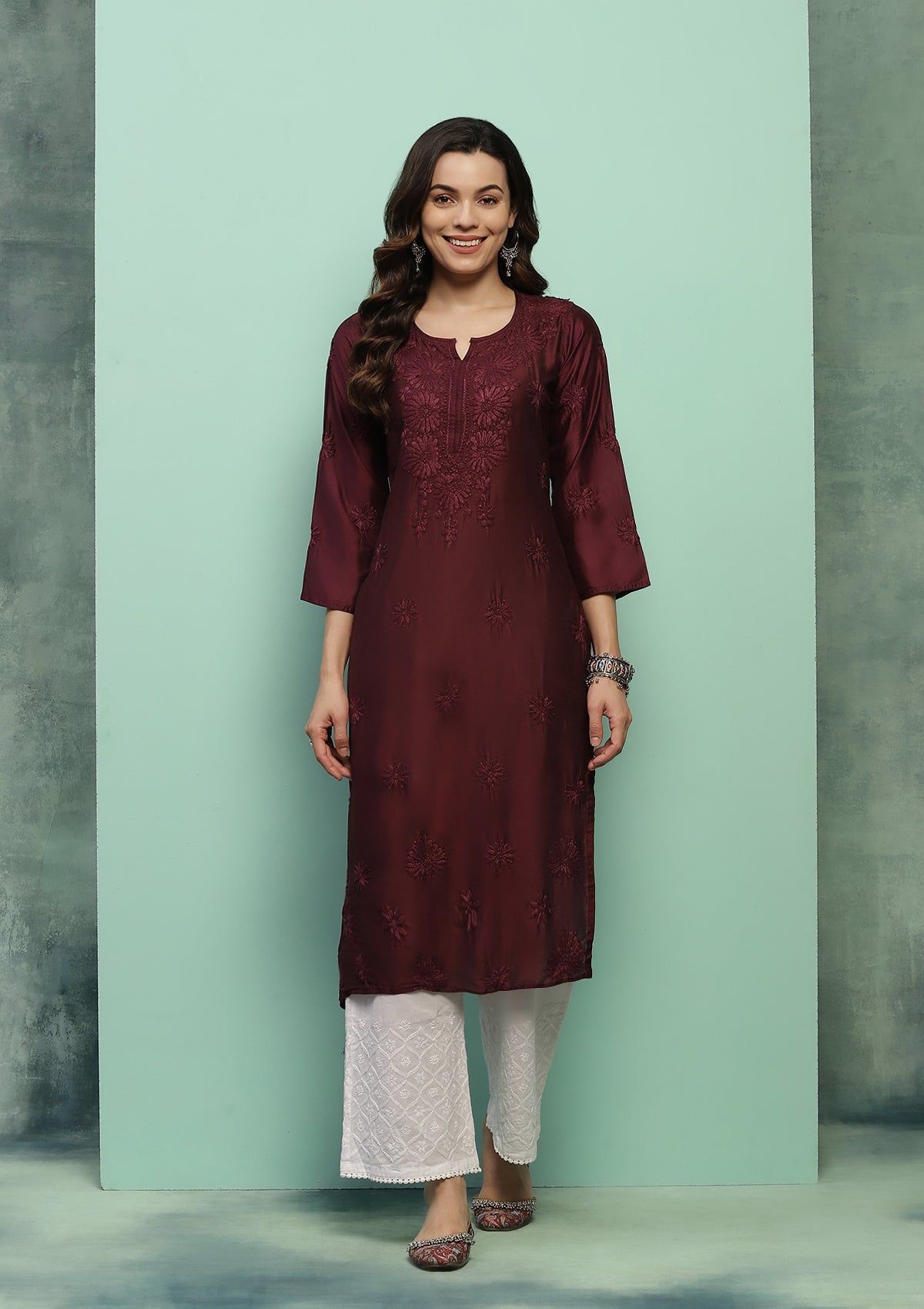 Chanderi Chikankari Solid Women's Long Kurta - Dark Purple