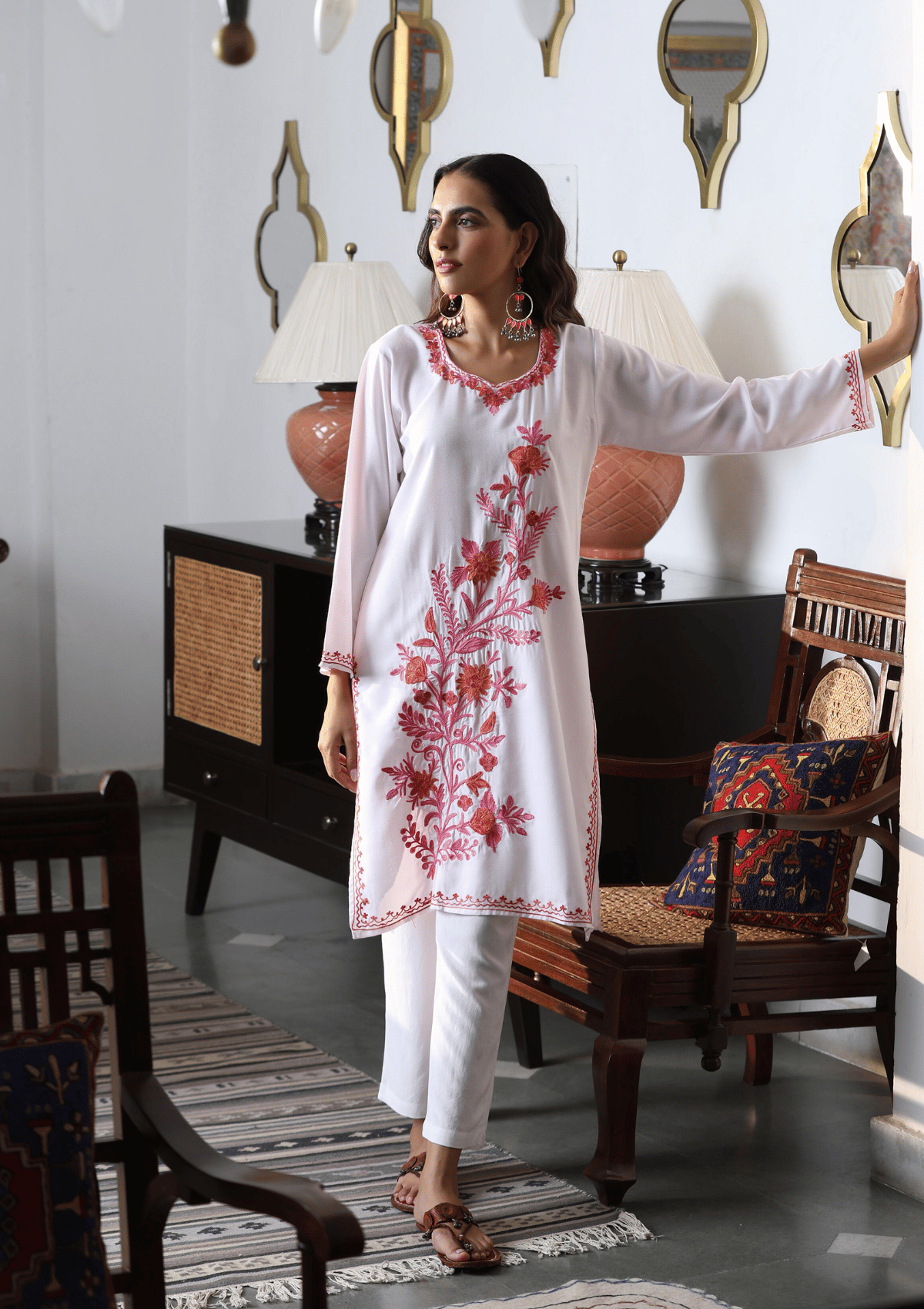HOC Crafts Aari Embroidered Cotton Solid Women's Long Kurta - White