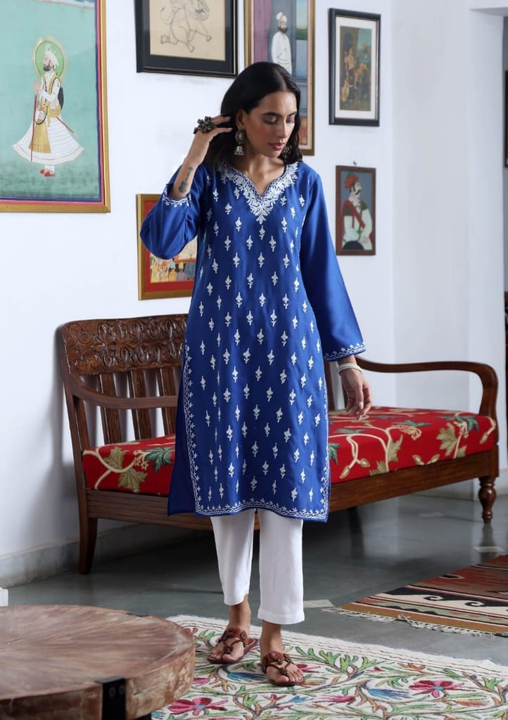 HOC Crafts Aari Embroidered Cotton Solid Women's Long Kurta - Blue