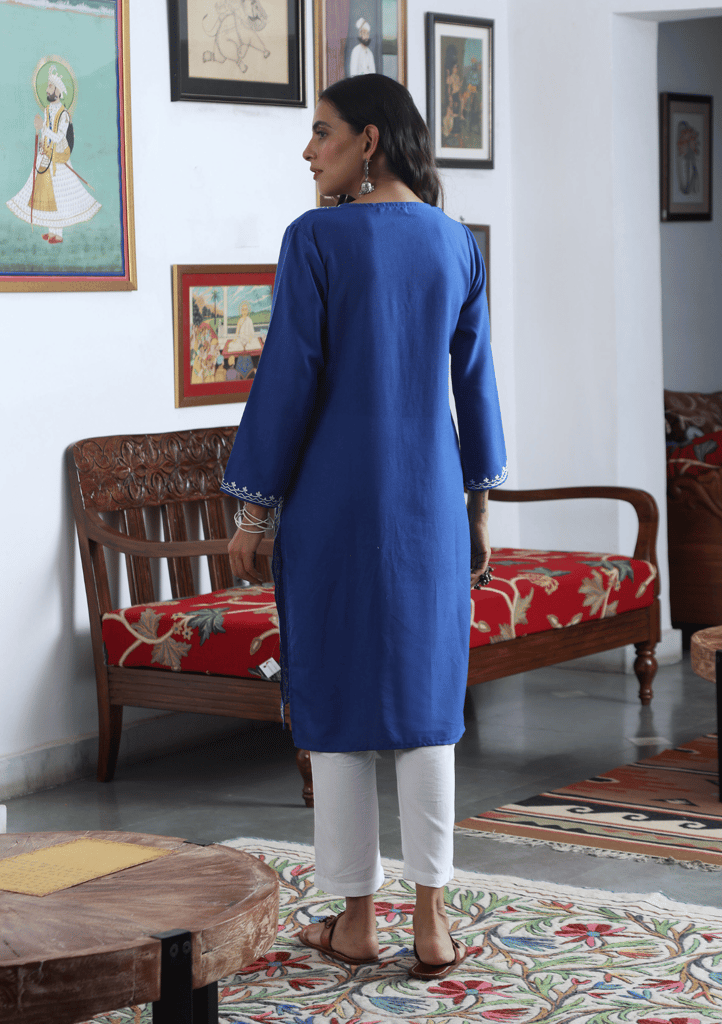 HOC Crafts Aari Embroidered Cotton Solid Women's Long Kurta - Blue