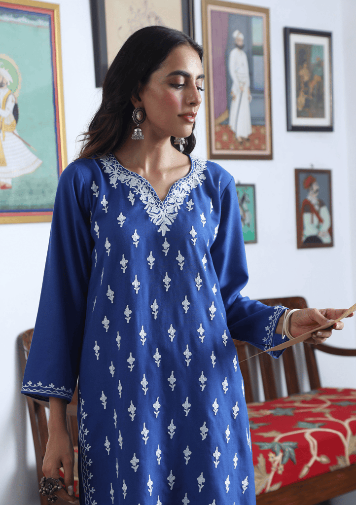 HOC Crafts Aari Embroidered Cotton Solid Women's Long Kurta - Blue