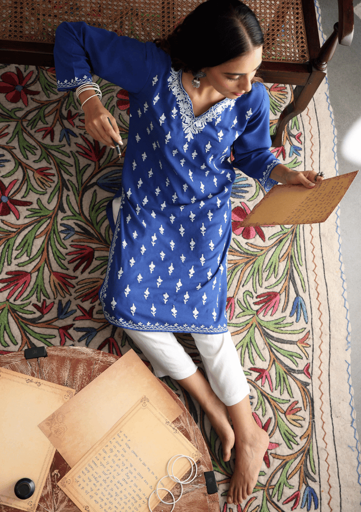 HOC Crafts Aari Embroidered Cotton Solid Women's Long Kurta - Blue