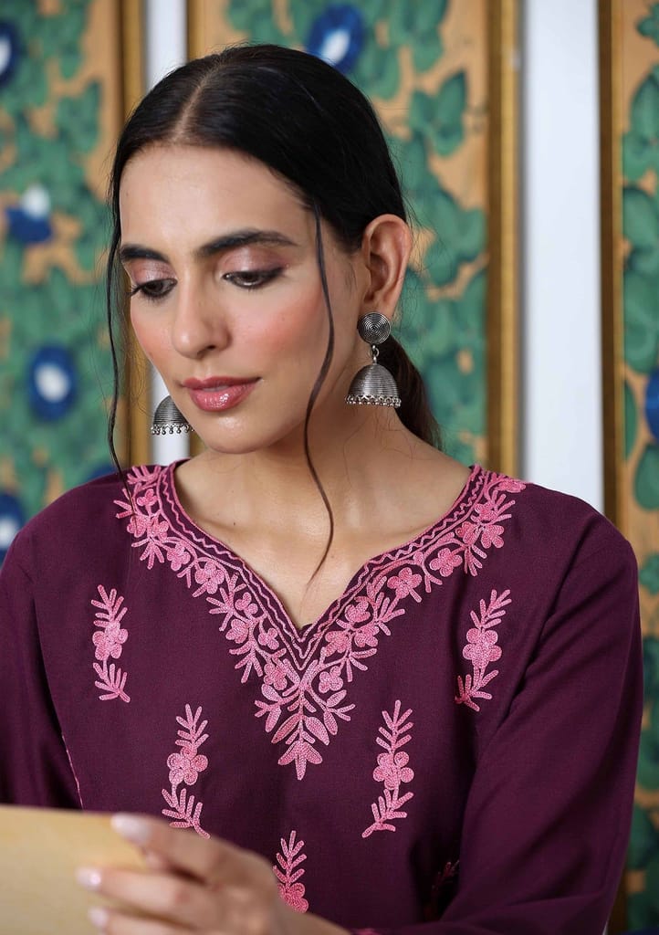 HOC Crafts Aari Embroidered Cotton Solid Women's Long Kurta - Dark Purple