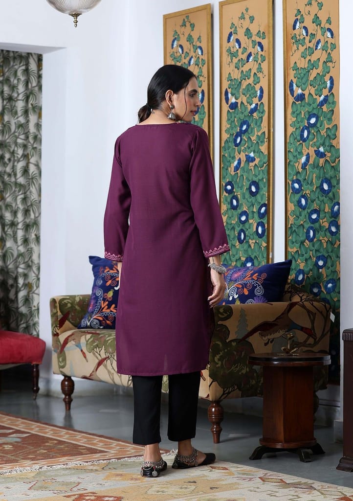 HOC Crafts Aari Embroidered Cotton Solid Women's Long Kurta - Dark Purple