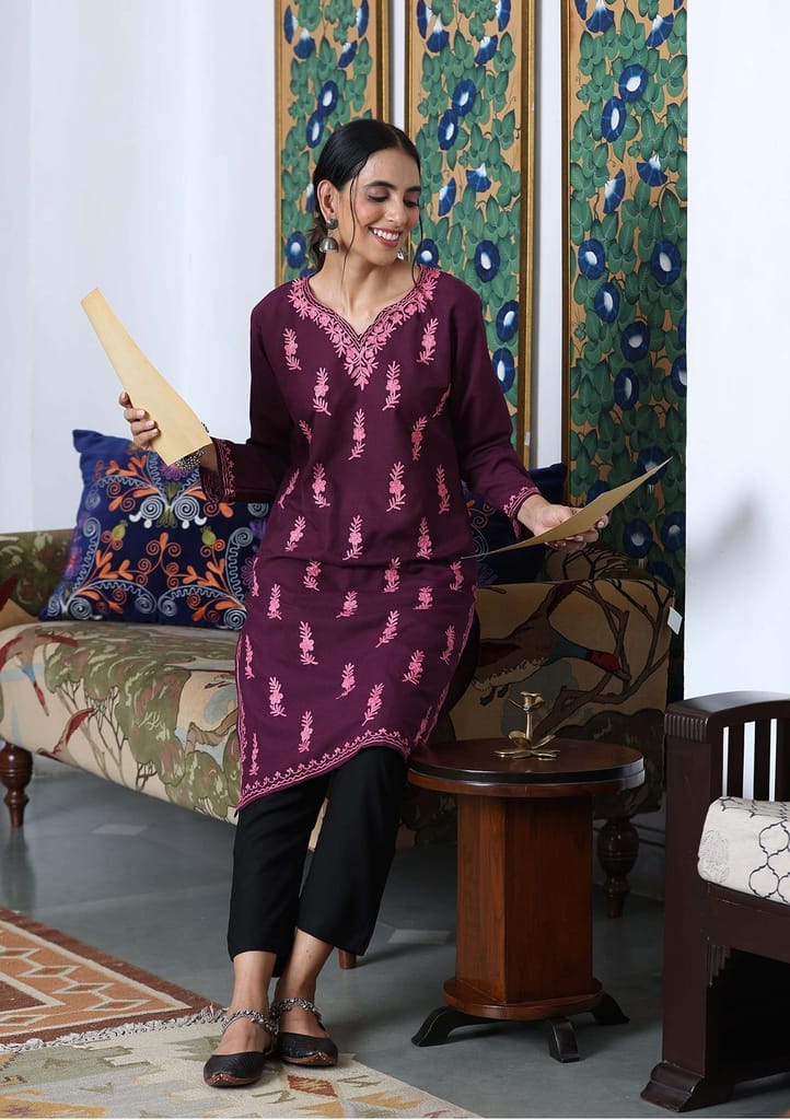 HOC Crafts Aari Embroidered Cotton Solid Women's Long Kurta - Dark Purple