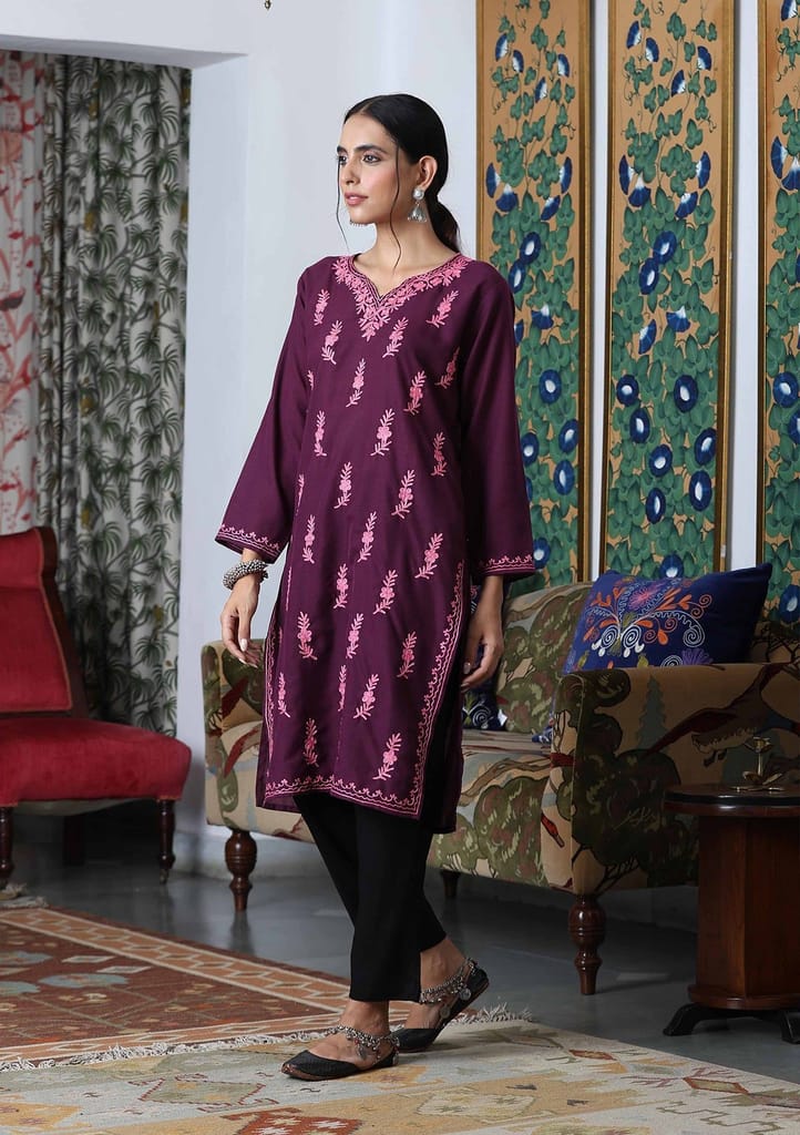 HOC Crafts Aari Embroidered Cotton Solid Women's Long Kurta - Dark Purple