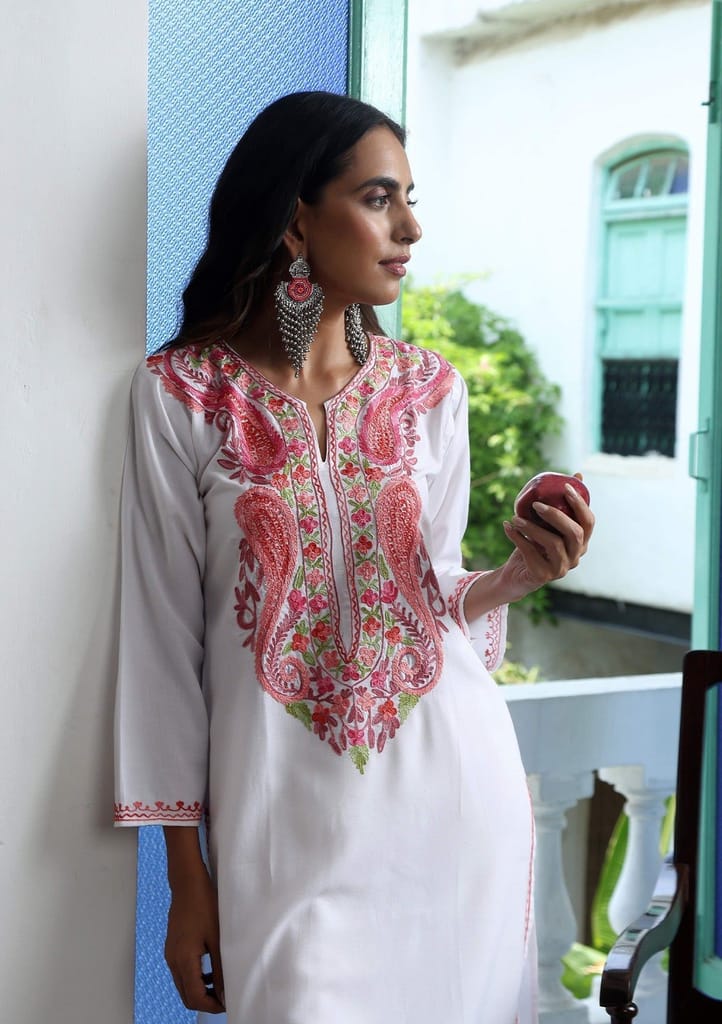 HOC Crafts Aari Embroidered Cotton Solid Women's Long Kurta - White