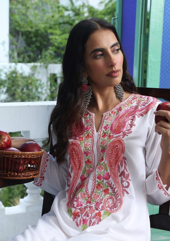 HOC Crafts Aari Embroidered Cotton Solid Women's Long Kurta - White