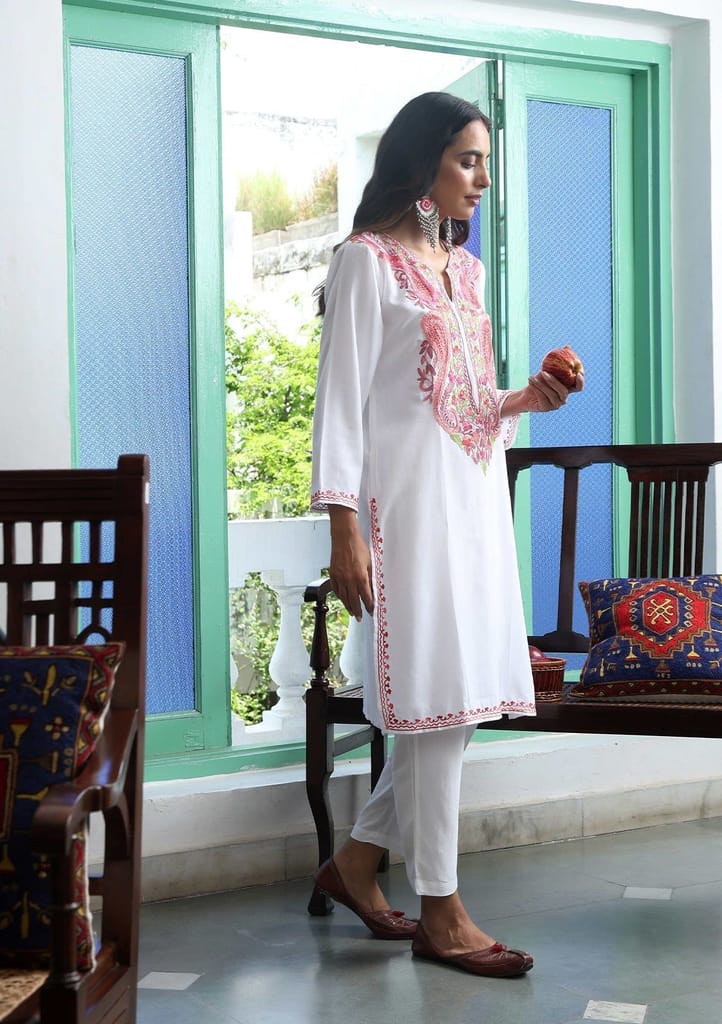 HOC Crafts Aari Embroidered Cotton Solid Women's Long Kurta - White