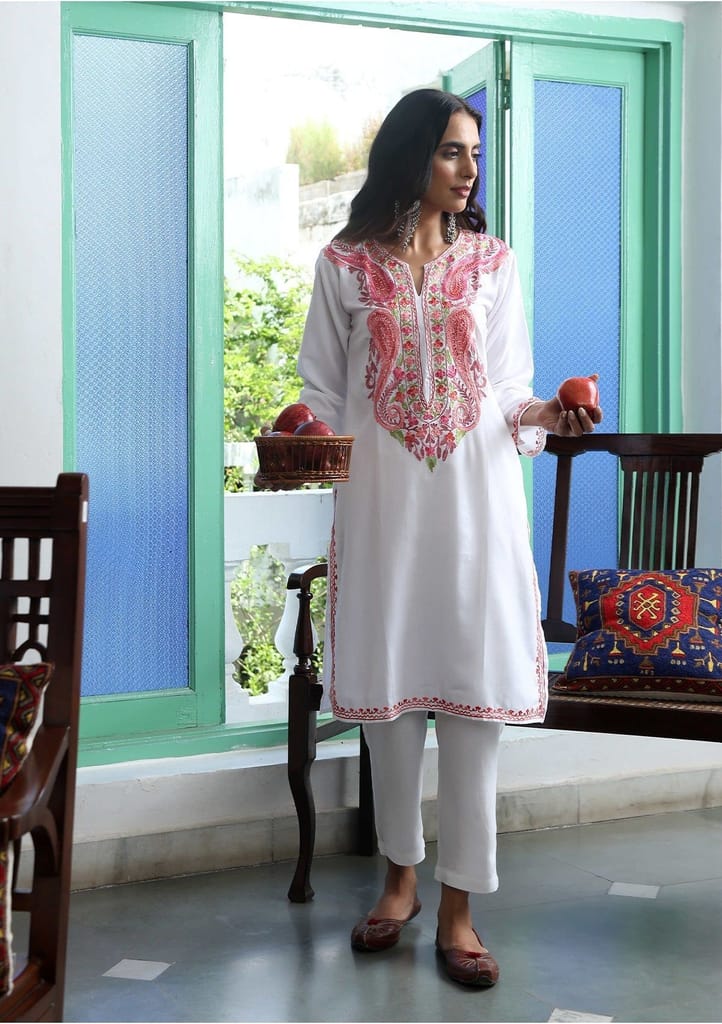 HOC Crafts Aari Embroidered Cotton Solid Women's Long Kurta - White