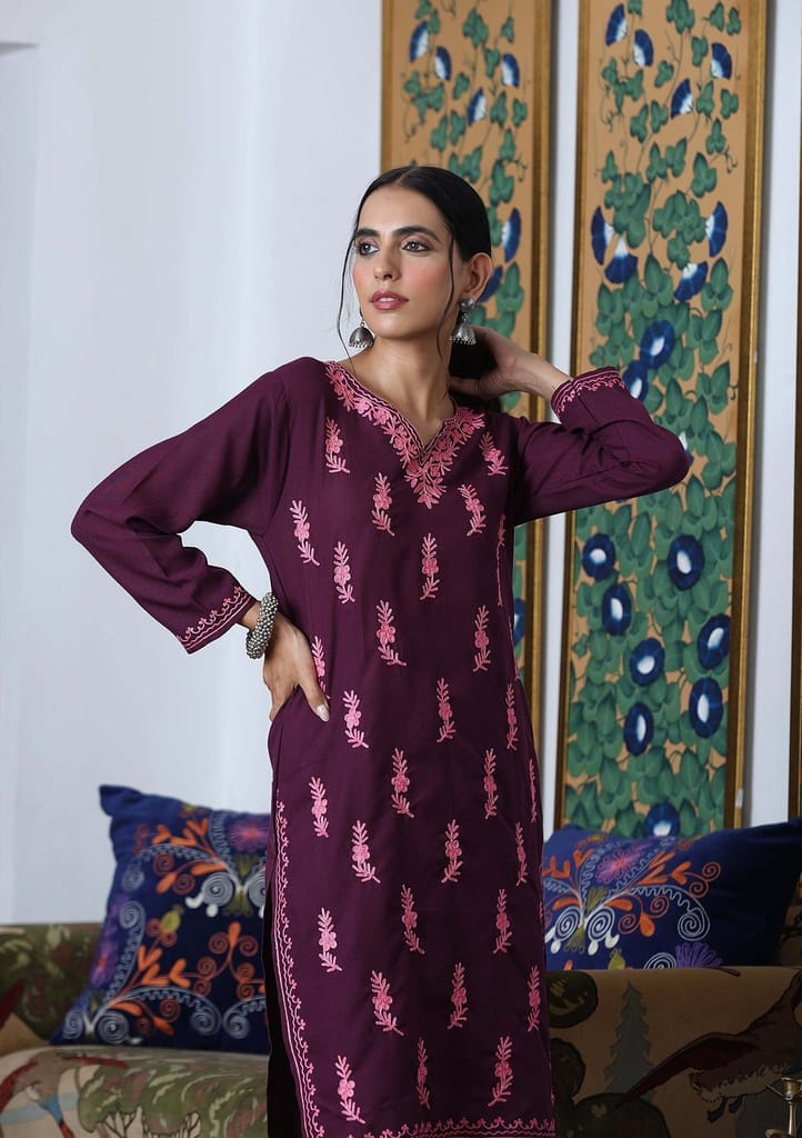 HOC Crafts Aari Embroidered Cotton Solid Women's Long Kurta - Dark Purple