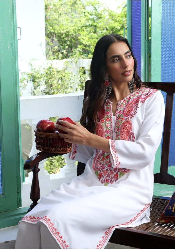 HOC Crafts Aari Embroidered Cotton Solid Women's Long Kurta - White