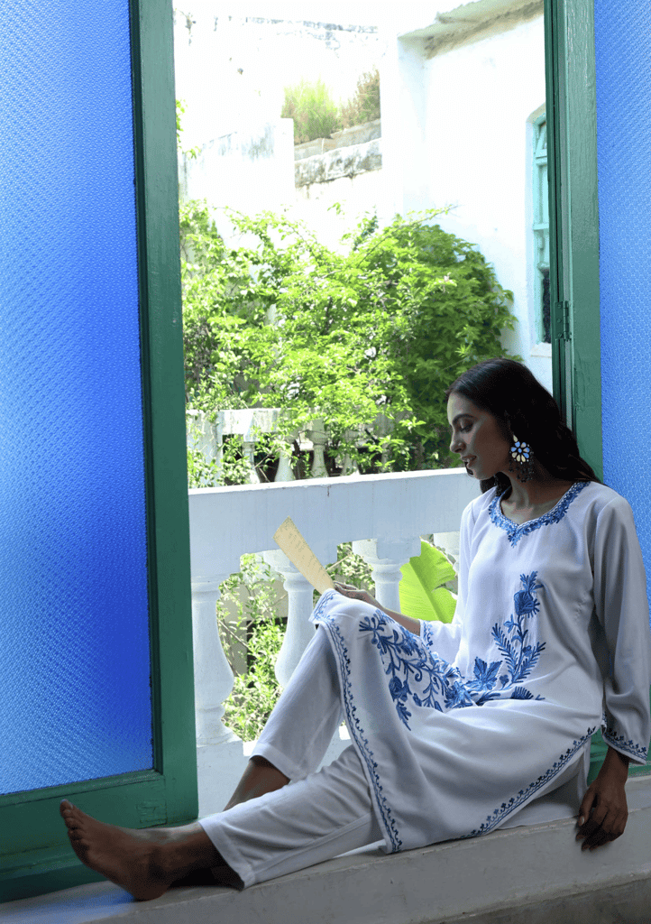 HOC Crafts Aari Embroidered Cotton Solid Women's Long Kurta - White