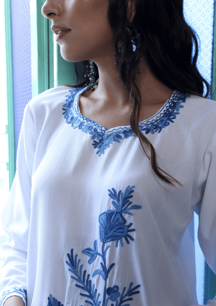 HOC Crafts Aari Embroidered Cotton Solid Women's Long Kurta - White