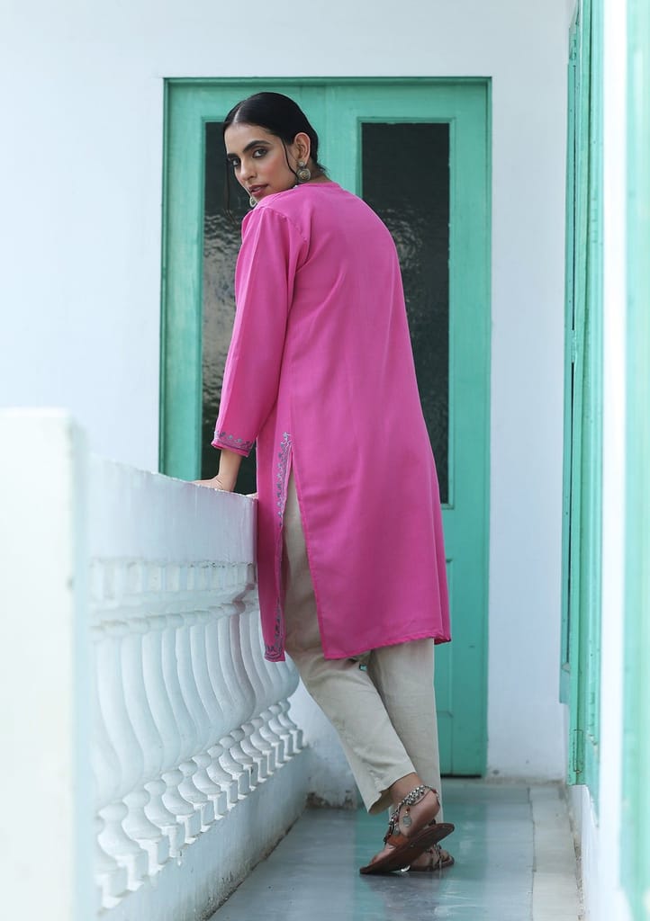 HOC Crafts Aari Embroidered Cotton Solid Women's Long Kurta - Pink