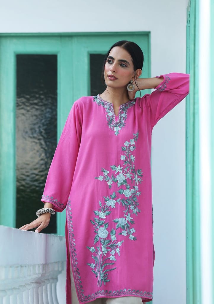 HOC Crafts Aari Embroidered Cotton Solid Women's Long Kurta - Pink
