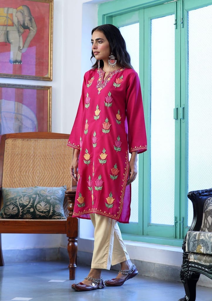 HOC Crafts Aari Embroidered Cotton Solid Women's Long Kurta - Pink - Kurtas & Kurta Sets | Buy online on ZillyBuy