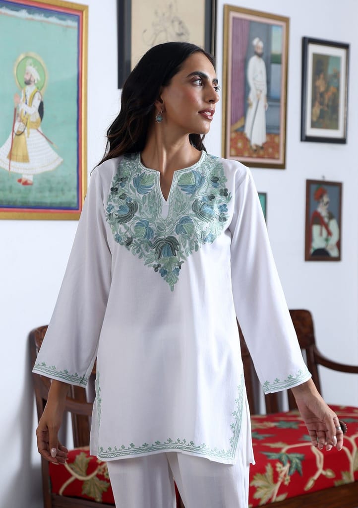 HOC Crafts Aari Embroidered Cotton Solid Women's Short Kurta - White