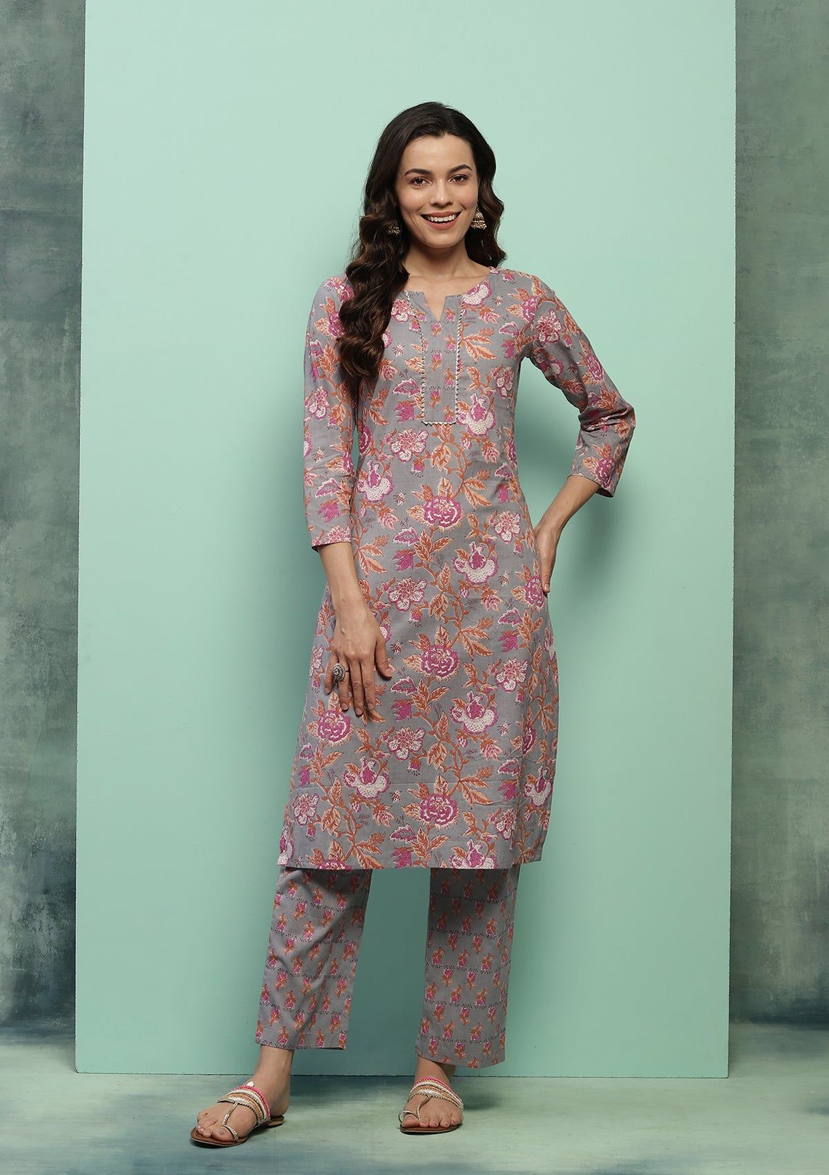 Cotton Printed Women's 2 PC Long Kurta Set - Grey