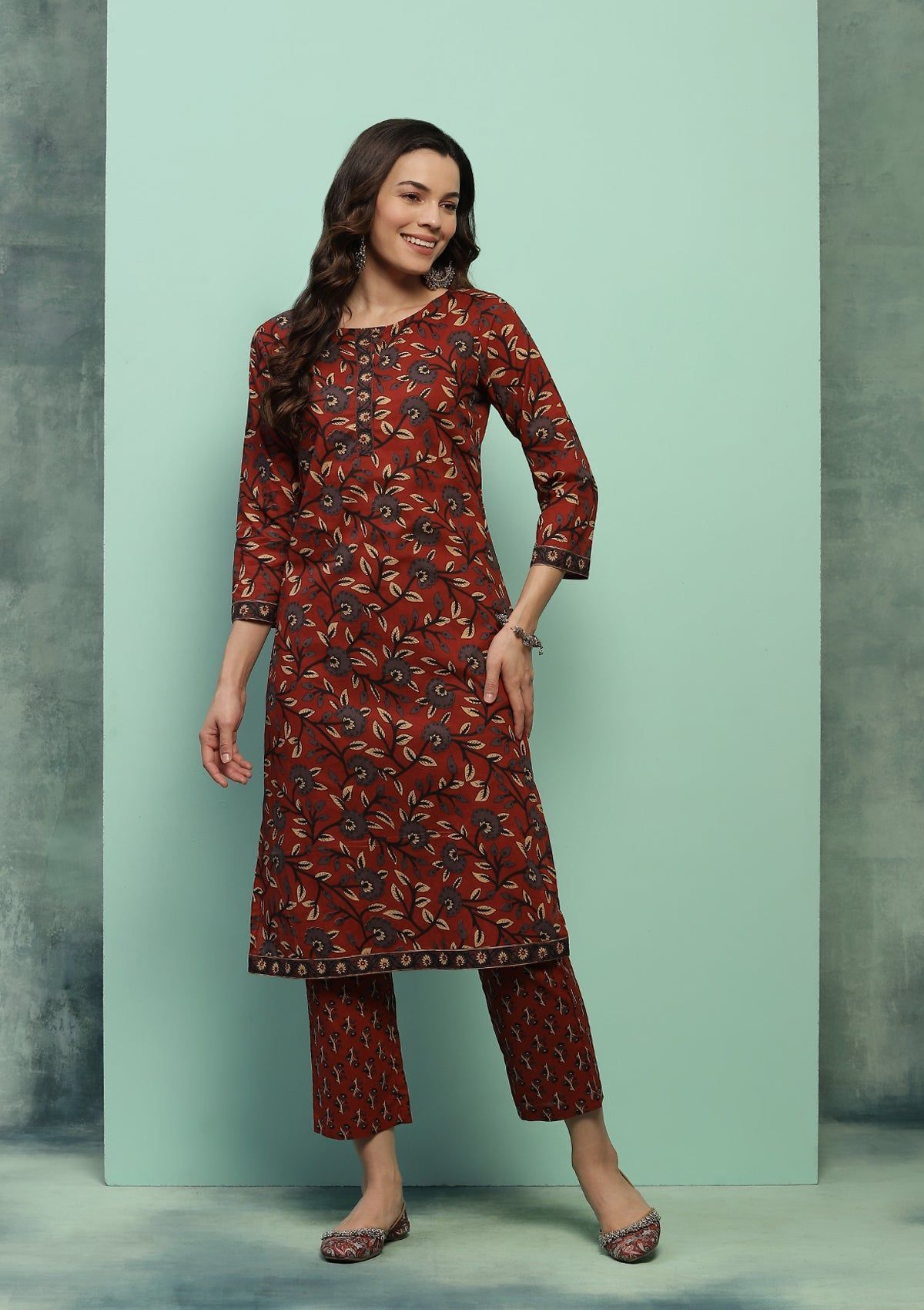 Cotton Printed Women's 2 PC Long Kurta Set - Maroon