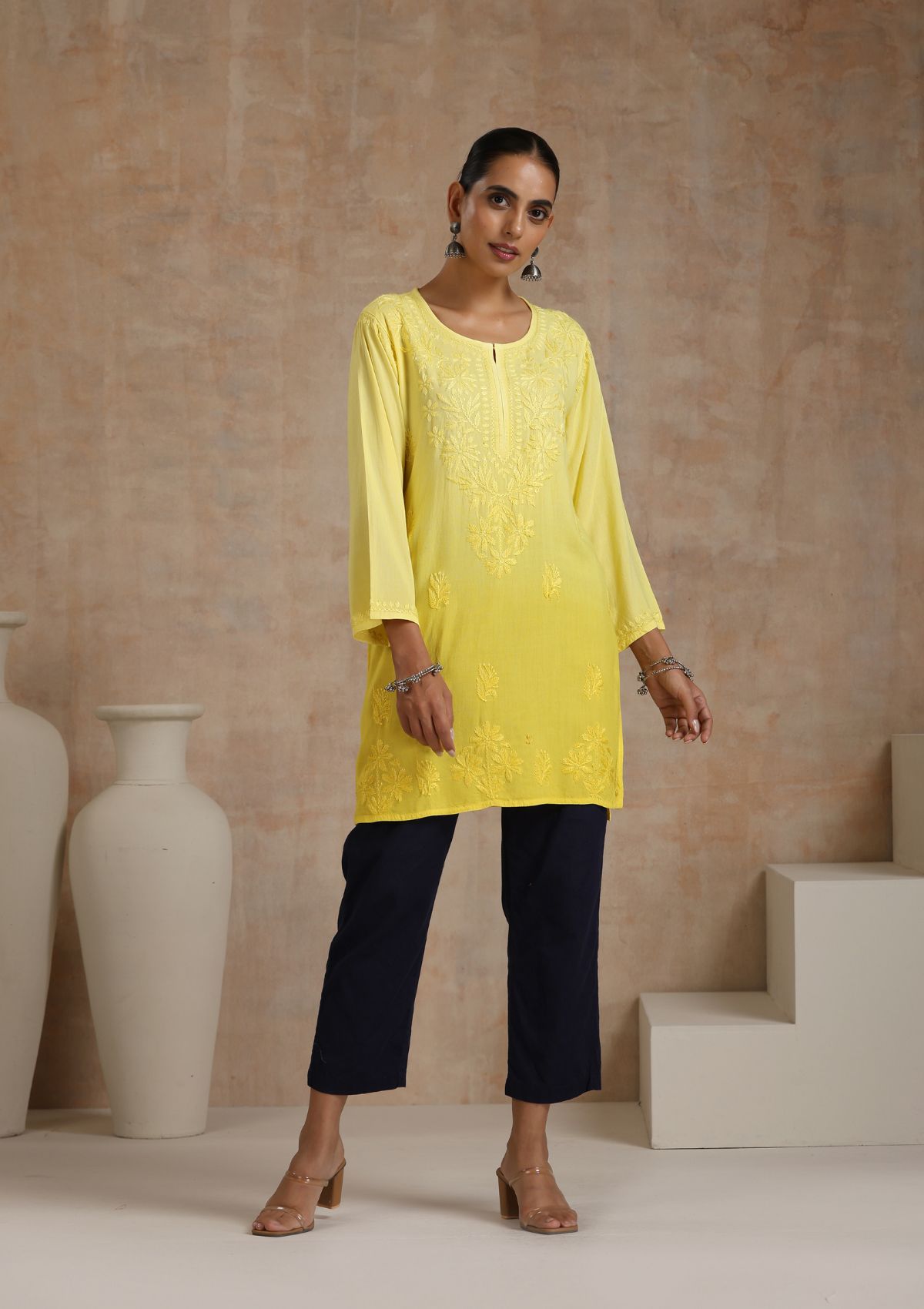 Rayon Chikankari Solid Women's Short Kurta - Yellow