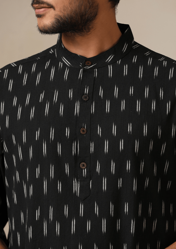 HOC Crafts Ikkat Cotton Solid Men's Short Kurta - Black