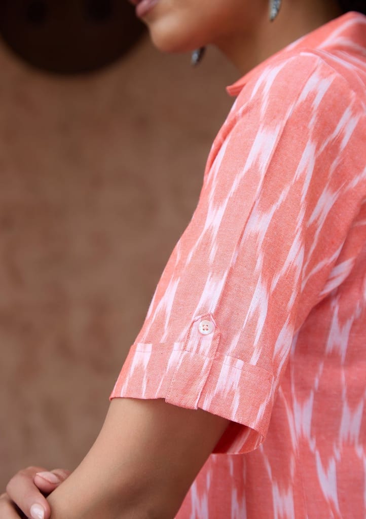 HOC Crafts Ikkat Cotton Solid Women's Short Dress - Peach