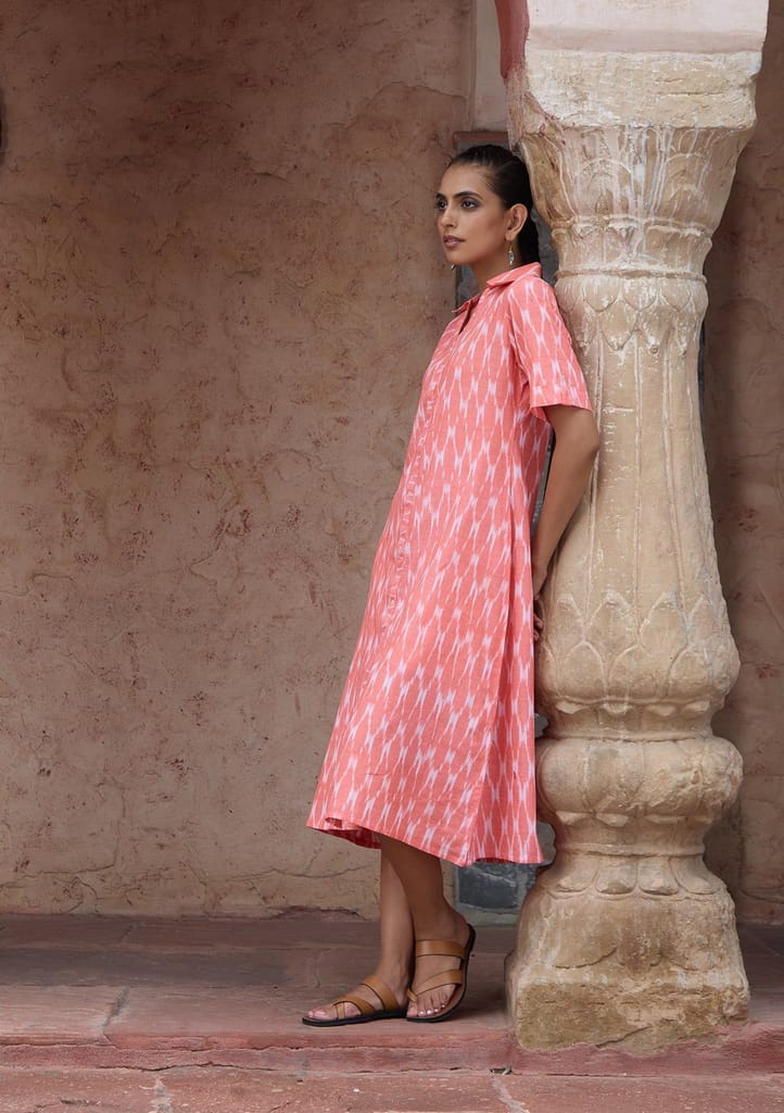 HOC Crafts Ikkat Cotton Solid Women's Short Dress - Peach