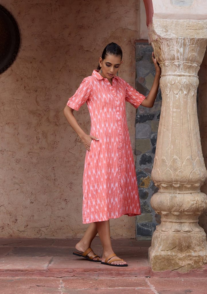HOC Crafts Ikkat Cotton Solid Women's Short Dress - Peach