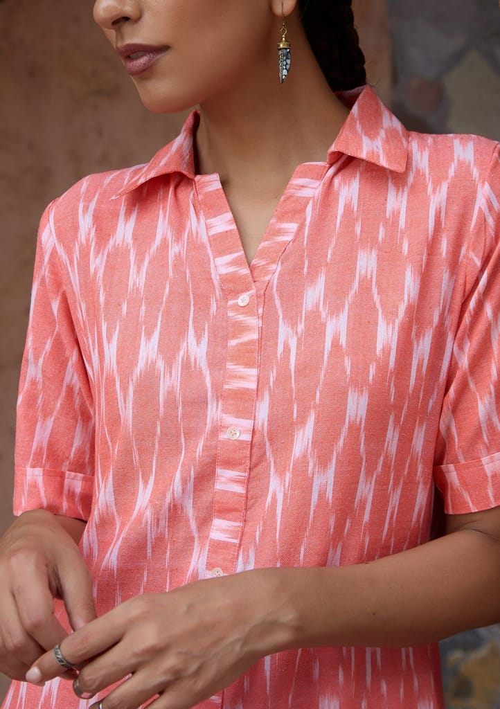 HOC Crafts Ikkat Cotton Solid Women's Short Dress - Peach