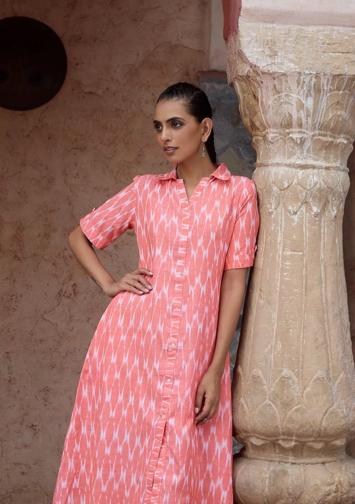 HOC Crafts Ikkat Cotton Solid Women's Short Dress - Peach